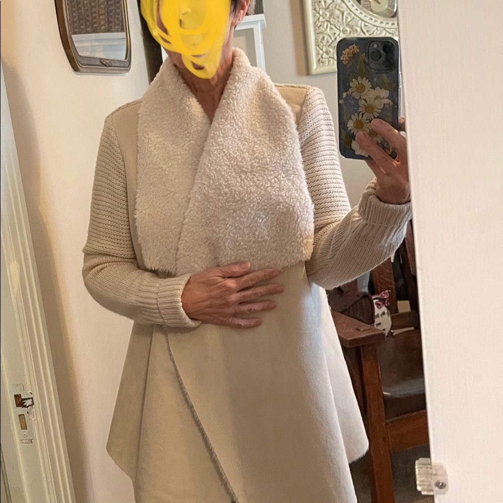 Beautiful faux lamb skin and faux suede shawl collar wrap sweater